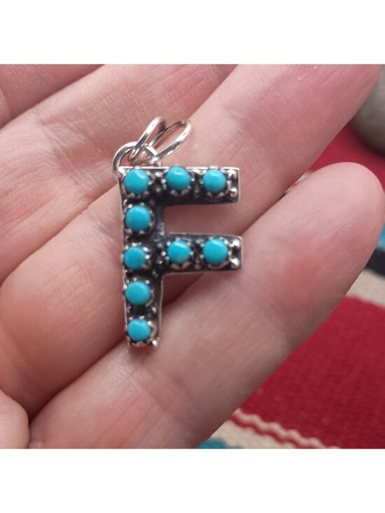 Artisan Jewelry - Handmade Southwest Letter F Pendant Sterling Silver Snake Eye Turquoise 1 1/8"